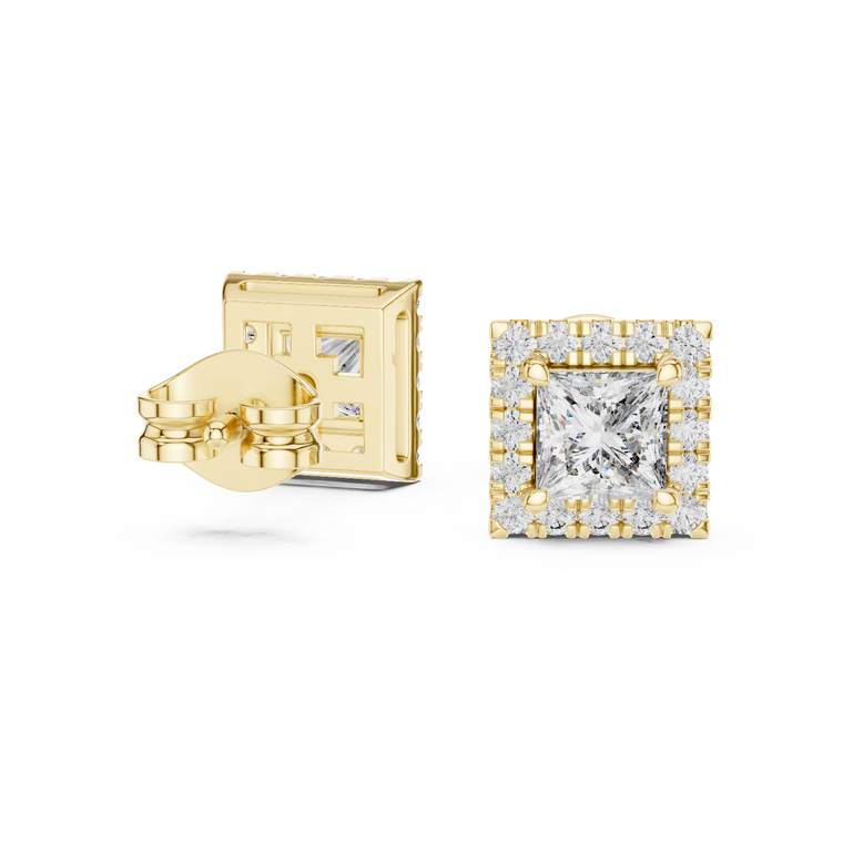 Royal Square Princess Stud Earrings with Halo Round - view 2
