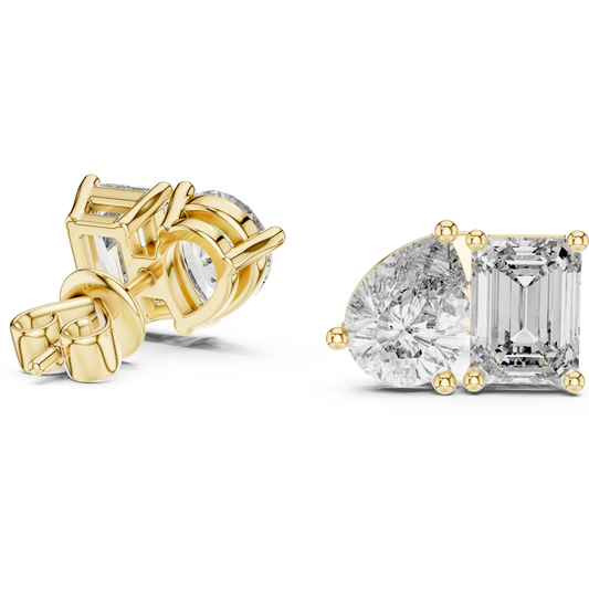 2.00 CT Modern Moissanite Diamond Stud Earrings Featuring Emerald Cut and Pear Cut Duo
