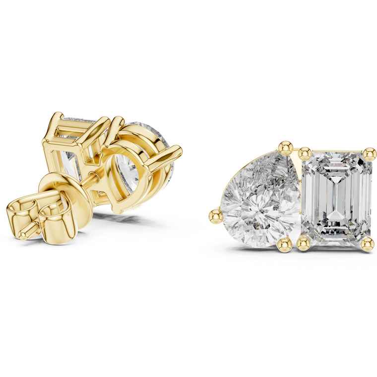 Modern Stud Earrings Featuring Emerald Cut and Pear Cut Duo - view 2