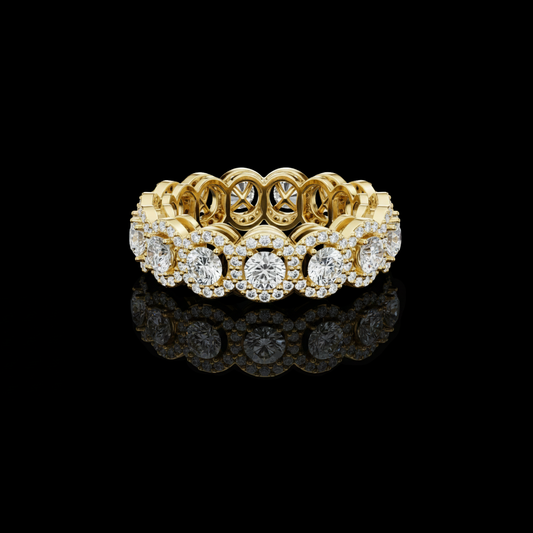 3.2 TCW Eternity Ring with Round Cut Moissanite Diamond Halo and Continuous Radiant Design