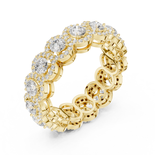 3.2 TCW Eternity Ring with Round Cut Moissanite Diamond Halo and Continuous Radiant Design