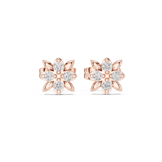 0.14 TCW Leaf Petal Moissanite Round Cut Diamond Flower Stud Earrings with Cluster Center