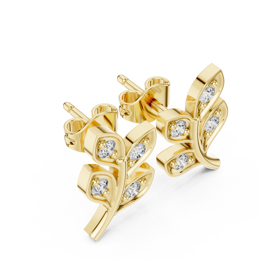 0.28 TCW Ivy Leaf Inspired Round Moissanite Diamond Stud Earrings in Nature Motif Design