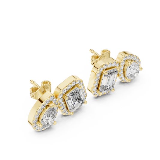 2.03 CT Elegant Emerald Cut and Pear Shape Moissanite Diamond Halo Stud Earrings