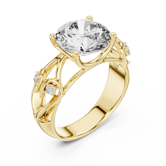 3.50 CT Lattice Crown Round Brilliant Lab Grown Diamond Ring with Sculpted Detailing