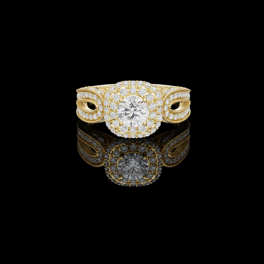 0.68 TCW Exquisite Moissanite Diamond Halo Ring with Intricate Open Shank Design and Round Center Stone