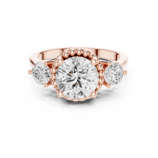 2.00 CT Captivating Round Cut Three Stone Lab Diamond Ring with Beaded Gold Halo Setting