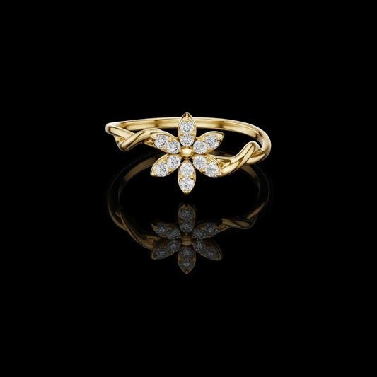0.013 TCW Radiant Floral Lab Grown Round Diamond Ring with Twisted Vine-Inspired Band