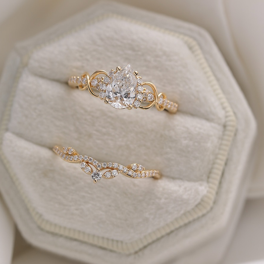 2.00 CT Teardrop Pear Shaped Ring Set with Halo Accents & Twisted Lab Diamond Wedding Band