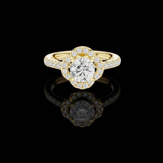 0.93 CT Exquisite Floral Halo Round Brilliance Moissanite Diamond Ring with Pave Accents