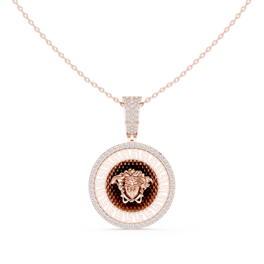 0.80 TCW Medusa Head Luxury Greek Key Medallion Pendant with Moissanite Diamond Iced Border Classic Jewelry
