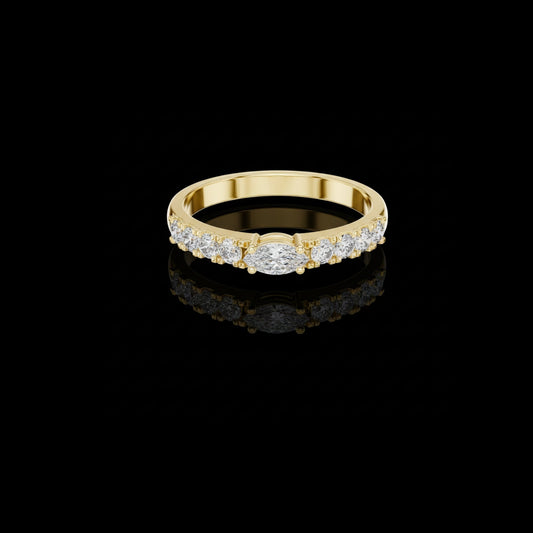 0.10 CT Elongated Marquise Lab Diamond Ring with Graduated Round Side Stones & Elegant Half Eternity Band