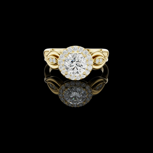 1.00 CT Majestic Bloom Round Halo Moissanite Diamond Ring with Sculpted Petal Accents