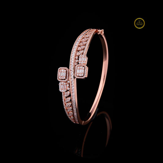 2.78 TCW Elegant Rose Gold Moissanite Designer Bracelet with Sparkling Pave Detailing and Distinctive Dual Halo Stone