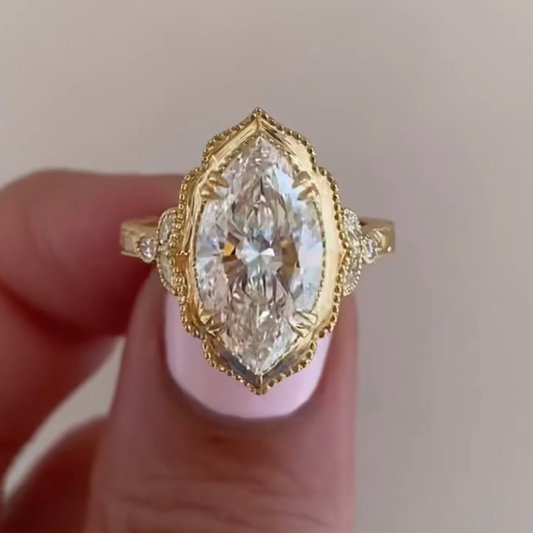 2.00 TCW Vintage Inspired Marquise moissanite Diamond Ring with Hand Engraved Bezel