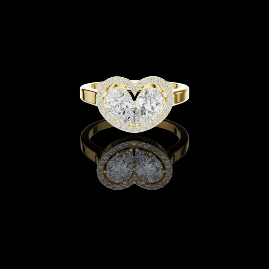 0.91 CT Unique Heart Shaped Moissanite Halo Ring with Twin Pear Diamonds and Pave Diamond Accents