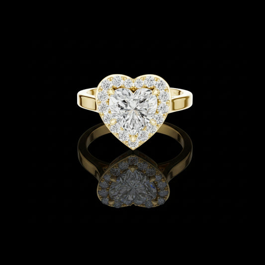 1.49 CT Stunning Heart Cut Halo Ring in Gold with Brilliant Moissanite Diamond Accents