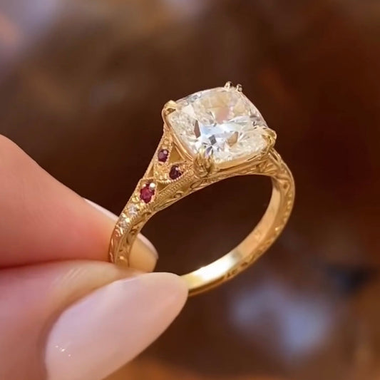 3.50 CT Vintage Inspired Cushion Cut Moissanite Diamond Ring with Ruby Side Accents For Her