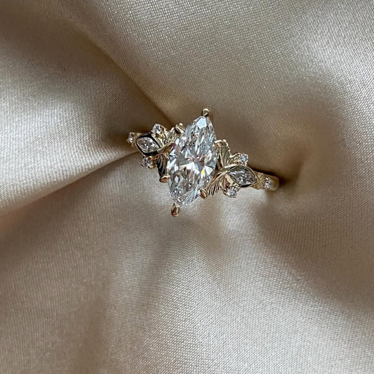 Floral Leaf Marquise Lab Diamond Wedding Ring With Side Stones - view 3