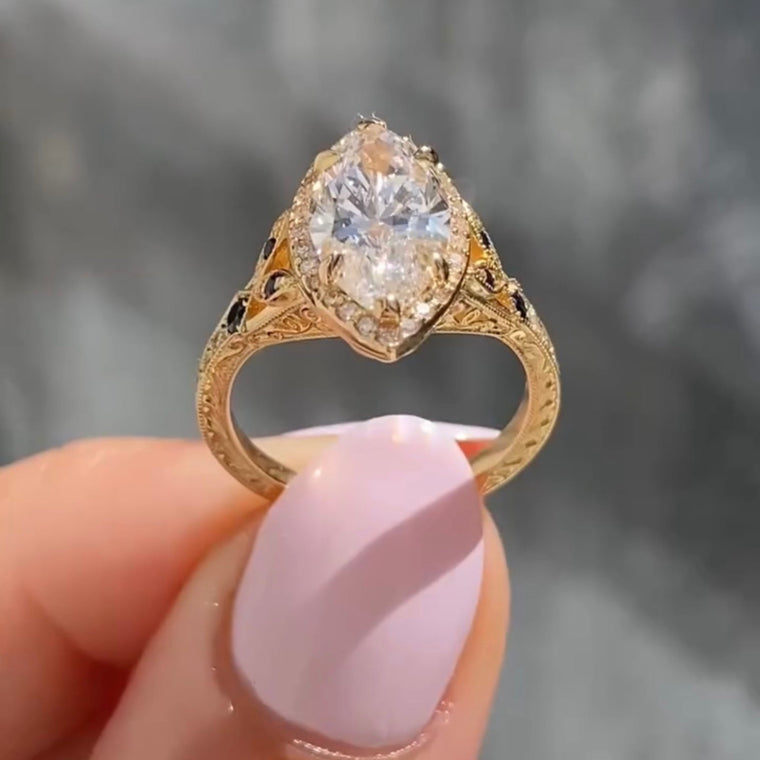 Dutch Marquise Halo Wedding Ring With Side Stones - view 2