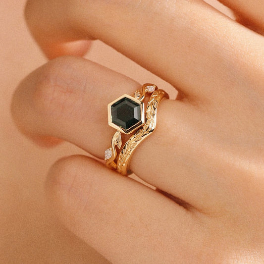 1.45 CT Vintage Inspired Lab Grown Hexagon Cut Green Diamond Ring with Hand Engraved Band