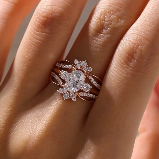 Oval Lab Diamond Floral Bridal Ring Set With Side Twisted Band - view 3