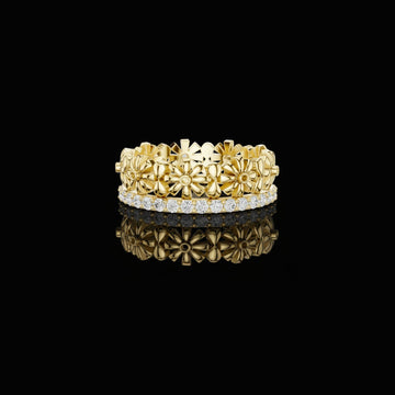0.90 TCW Imperial Floral Band with Sculpted Blossom Moissanite Round Cut Diamond Ring
