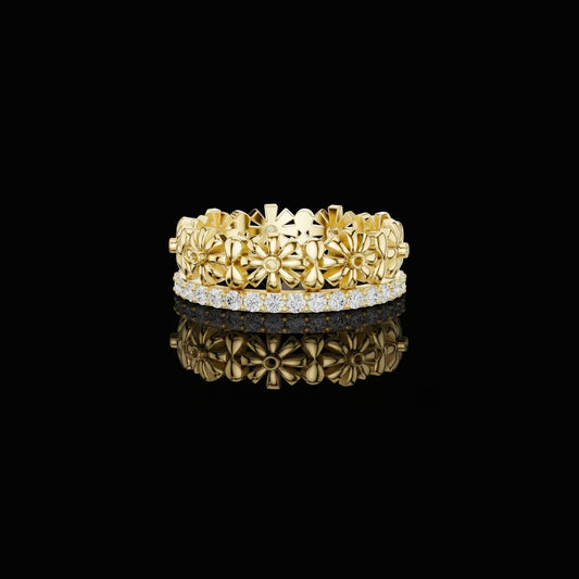 0.57 TCW Imperial Floral Band with Sculpted Blossom Moissanite Round Cut Diamond Ring