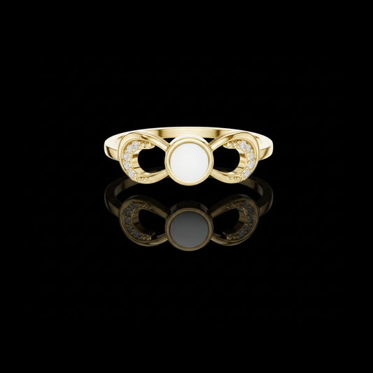 0.04 TCW Infinity Inspired Gold Moissanite Diamond Ring with Pearl Center & Round Pavé Accent Curves