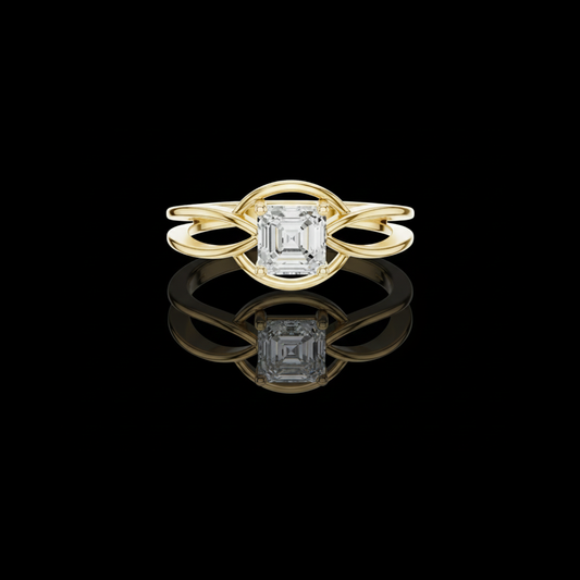 0.70 TCW Unique Emerald Cut Moissanite Diamond Ring Featuring an Infinity Twist Gold Band
