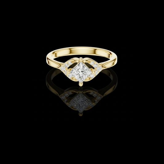 0.38 CT Elegant Princess Moissanite Diamond Ring with Intricate Openwork Setting and Pave Accent Stones