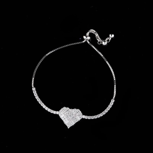 0.80 TCW Elegant Silver Heart shaped Bracelet with Dazzling Baguette and Round Lab Grown Diamonds