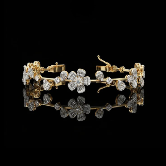1.34 CT Floral Diamond Bracelet in Moissanite Diamond with Clustered Petal Baguette & Round Cut Accents Design