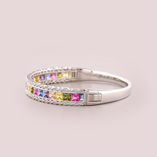 Rainbow Gemstone Channel Hinged Halo Bangle Bracelet - view 4