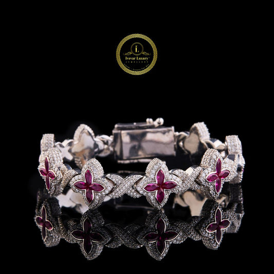 Luxury Ruby Flower Diamond Bracelet – Iced Out Floral Design, Elegant Statement Jewelry By Ivevar