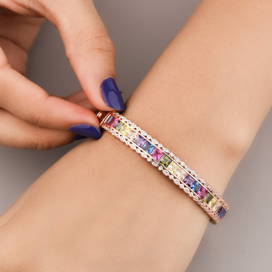 Natural Inspire Princess Cut Gemstone Scalloped Halo Hinged Bangle - view 3
