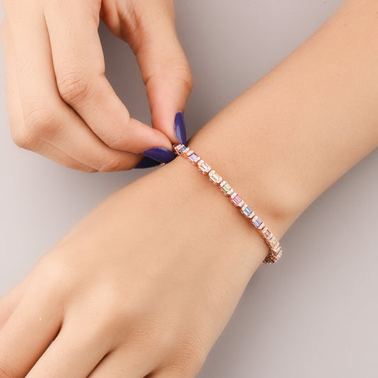Rainbow Emerald Cut East-West Gemstone Halo Tennis Bracelet - view 3