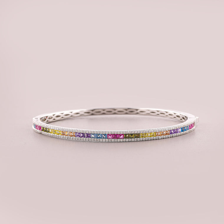 Rainbow Baguette Gemstone Halo Tennis Bracelet - view 2