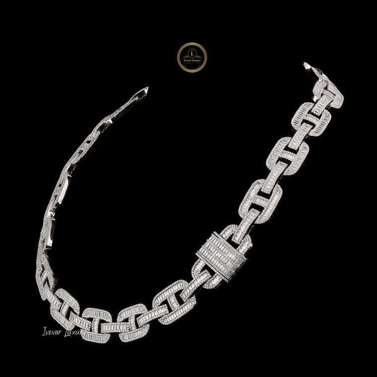 Baguette Moissanite Encrusted Mariner Link Chain Necklace with Pave Accents - view 2