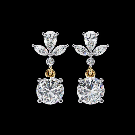 0.83 CT Elegant Pear and Marquise Cut Floral Cluster Drop Moissanite Earrings with Round Solitaire Dangles