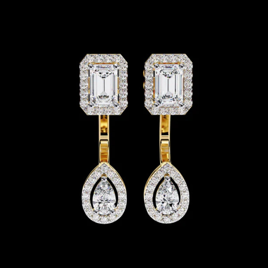 1.11 CT Sophisticated Emerald Halo Top with Pear Halo Drop Moissanite Diamond Earrings in Gold