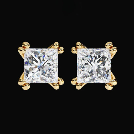 3.04 TCW Premium Lab Created Princess Cut Diamond Earrings in Classic Gold Prong Mounts