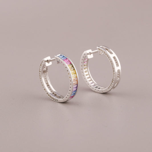 Rainbow Baguette Diamond Huggie Hoop Earrings - view 4