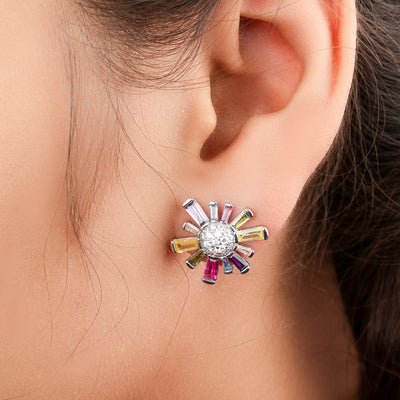 Sunburst Flower Rainbow Baguette Diamond Stud Earrings