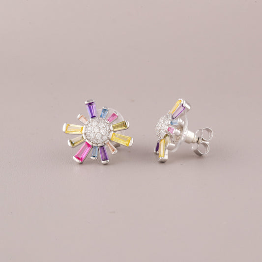 Sunburst Flower Rainbow Baguette Diamond Stud Earrings - view 4