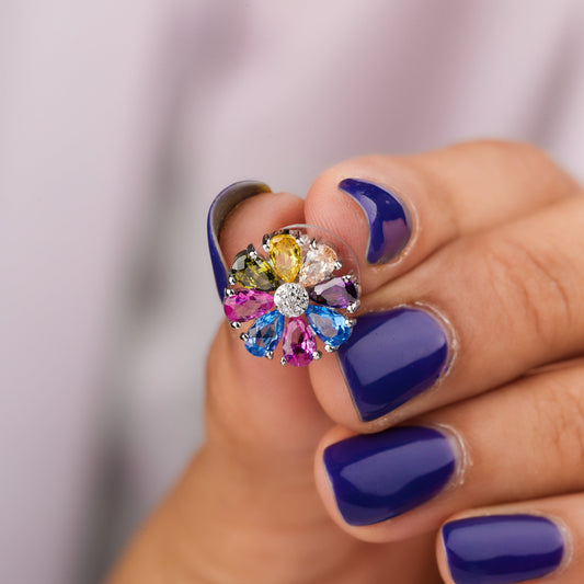 Pear Cut Sapphire Nature Inspire Flower Cluster Stud Earrings - view 3