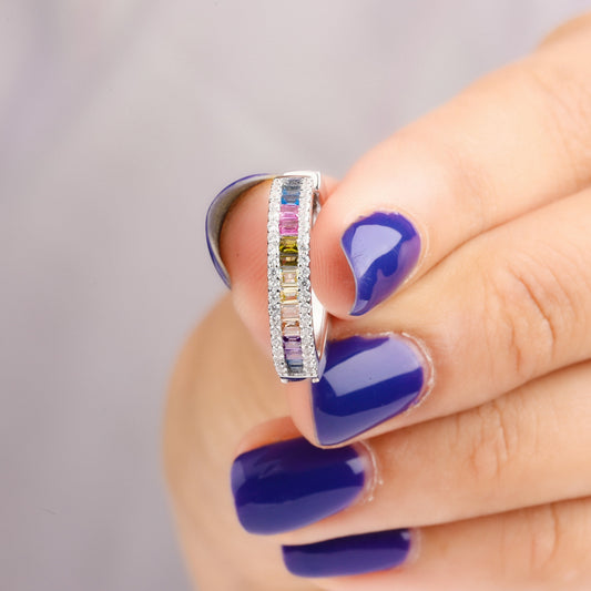 Colored Baguette Diamond Huggie Hoop Earrings - view 3