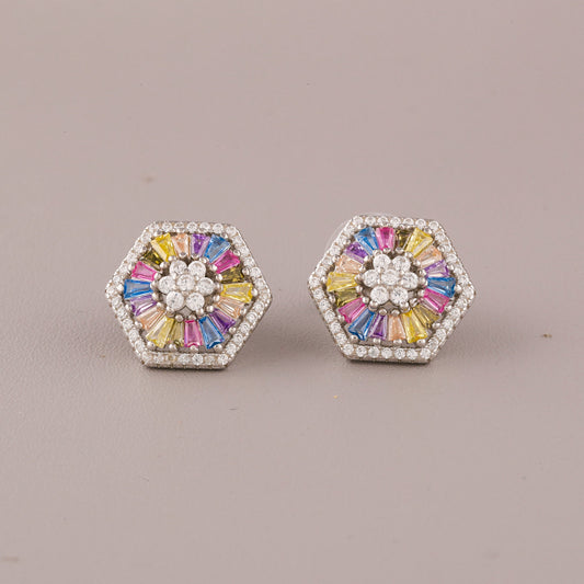 Baguette Colored Diamond Hexagon Halo Stud Earrings - view 3
