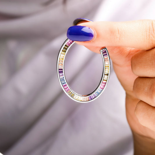Colored Gemstone Baguette Diamond Hoop Earrings - view 3