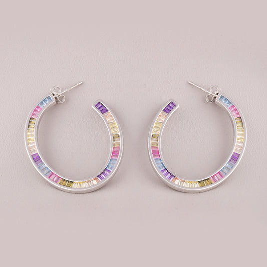 Colored Gemstone Baguette Diamond Hoop Earrings - view 4